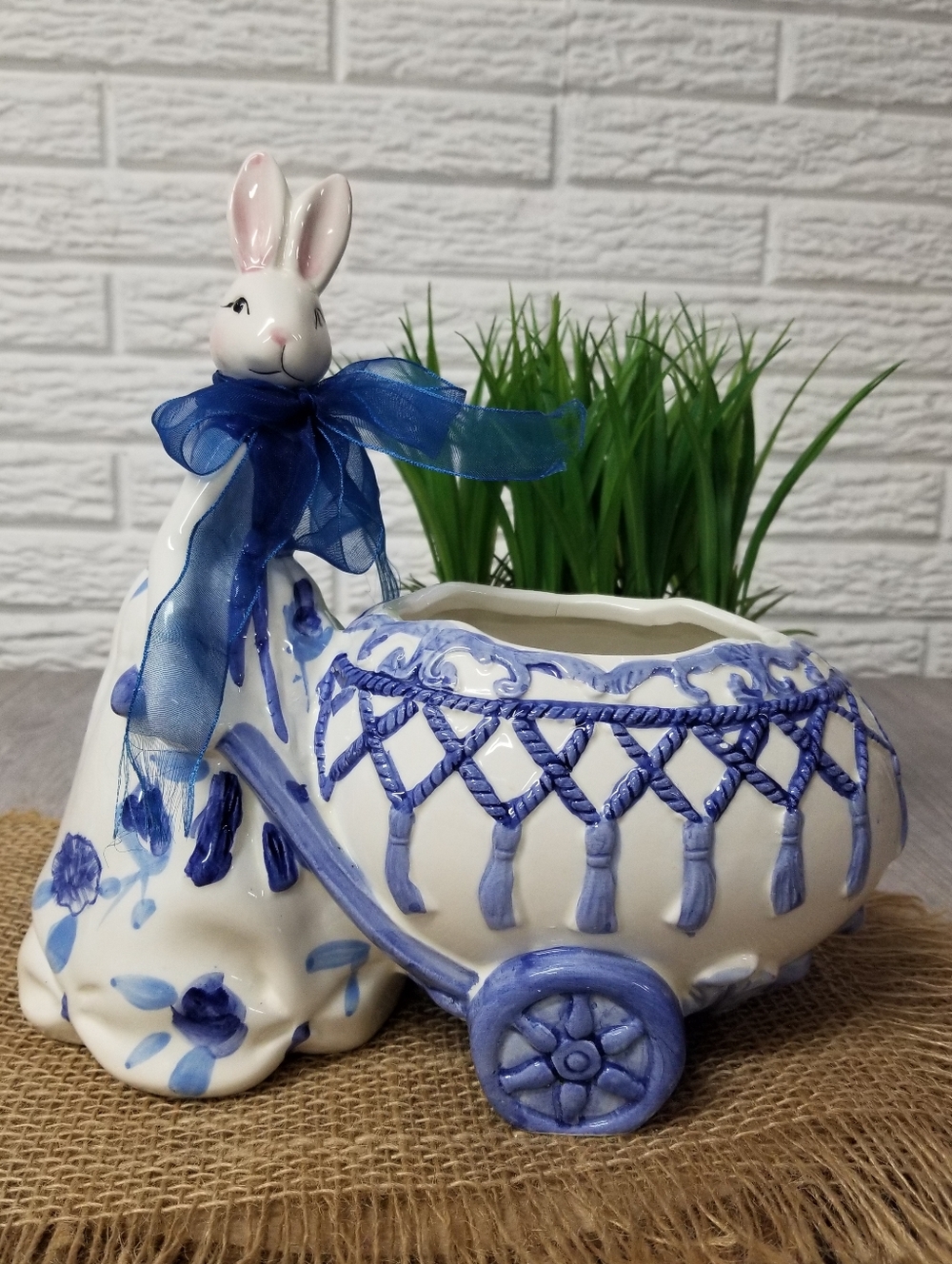 Vintage Ceramic Bunny Planter Blue/White